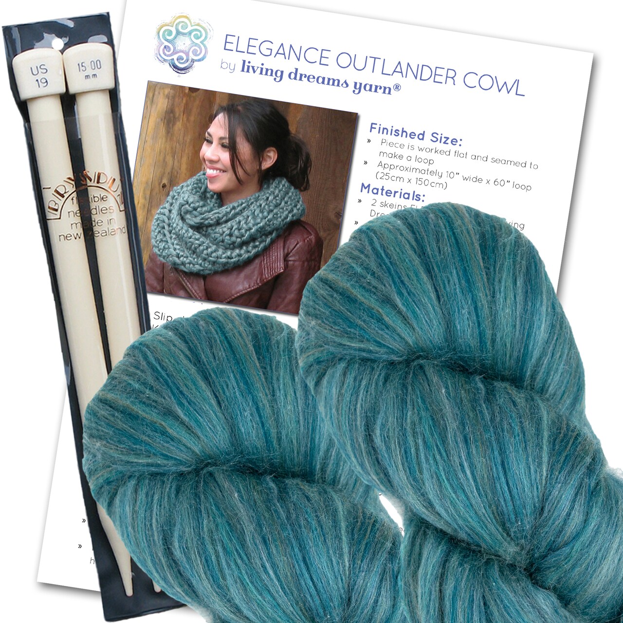 COWL KNITTING KIT: Super Soft Merino Silk Yarn + Large #19 needles + Written Pattern w/ Photo Tutorial. Gift for Knitters.